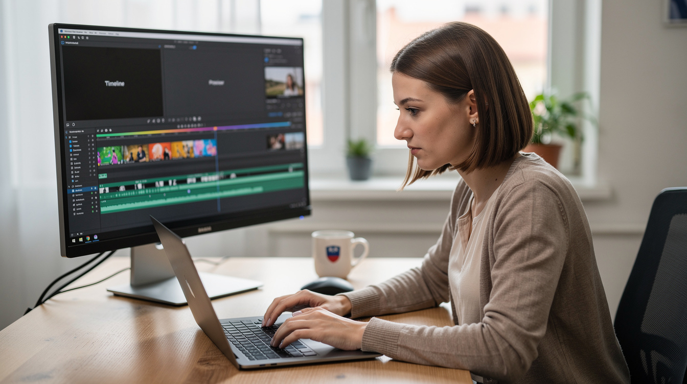 Video editor working at a desk with editing software