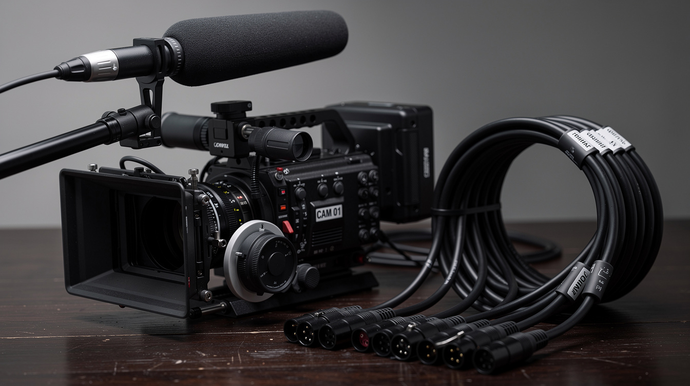 Close up of professional camera and audio recording equipment